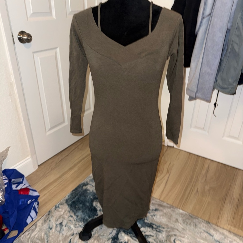 FashionNova Olive Green Off Shoulder Long Sleeve Dress Sz. M